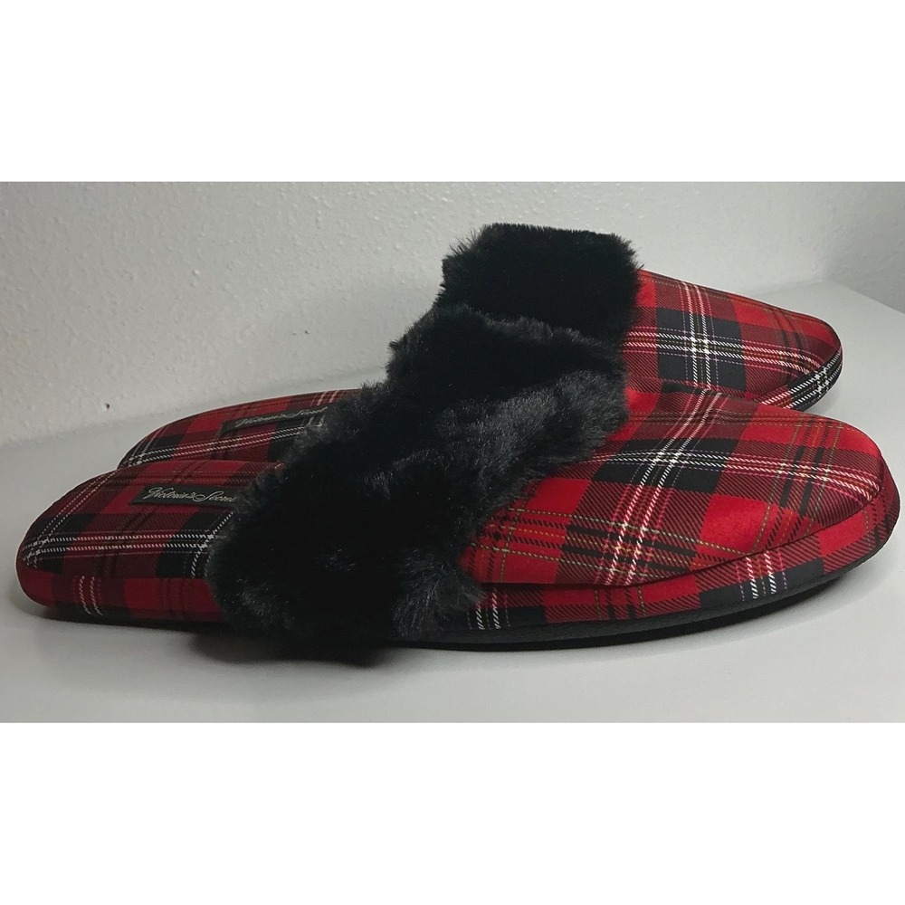 Victoria's Secret Red Plaid Slippers Faux Fur Matching Bag Cabin Core‎ L 9/10